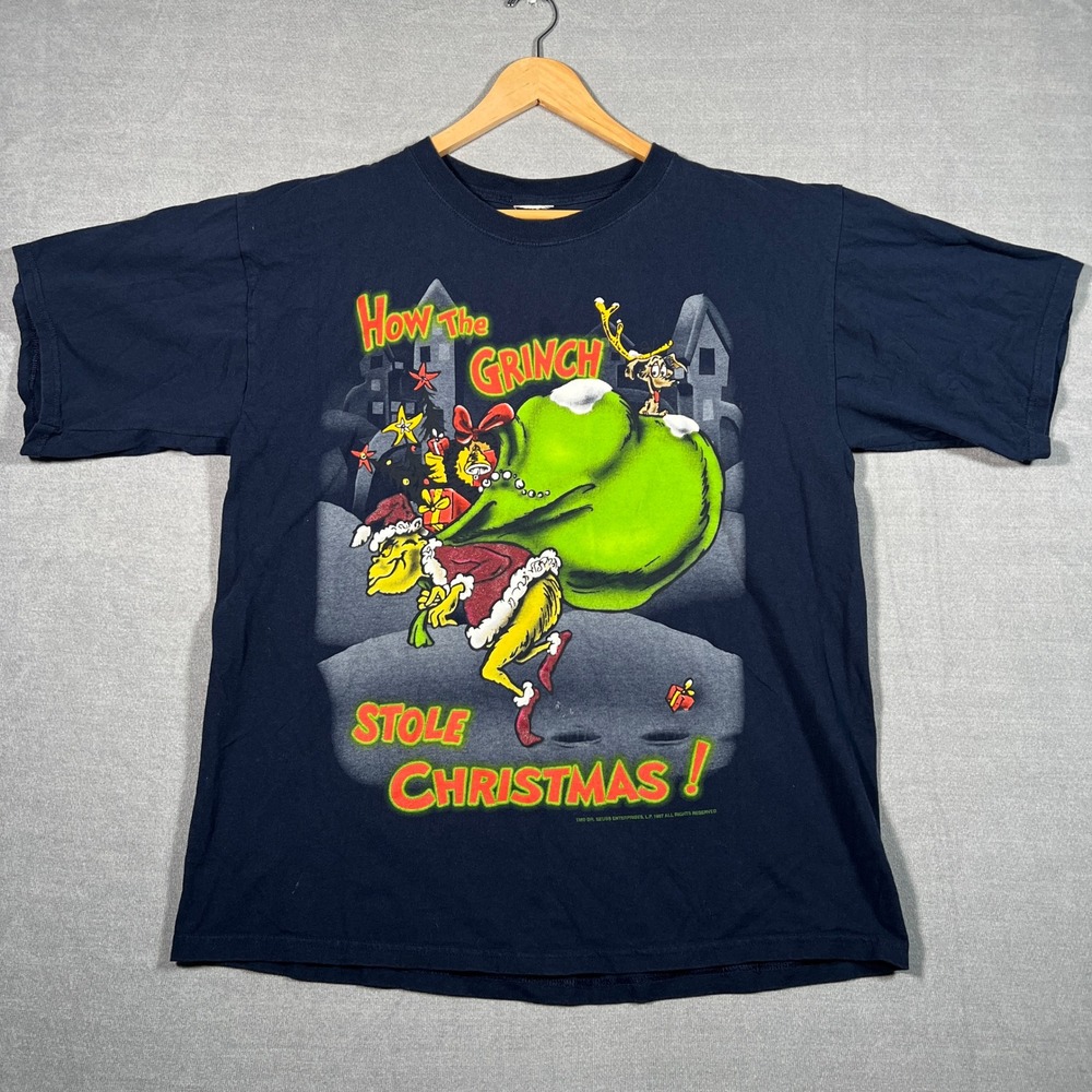 Dr. Seuss Grinch Stole Christmas 1997 Graphic Tee Mens XL Navy Blue Cotton